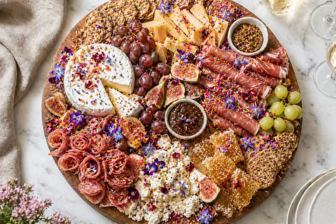 Charcuterie board with edible flowers overhead