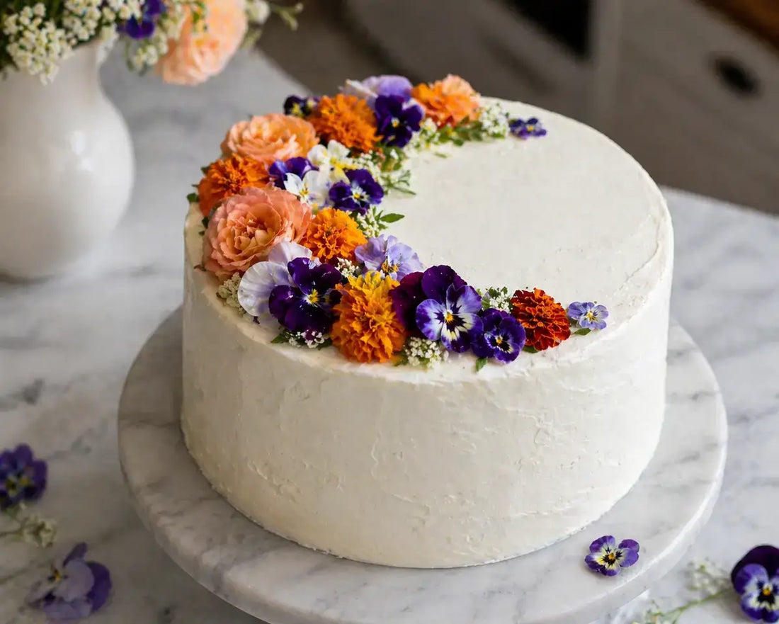 Edible flowers on cake arranged in crescent moon pattern with pansies and roses