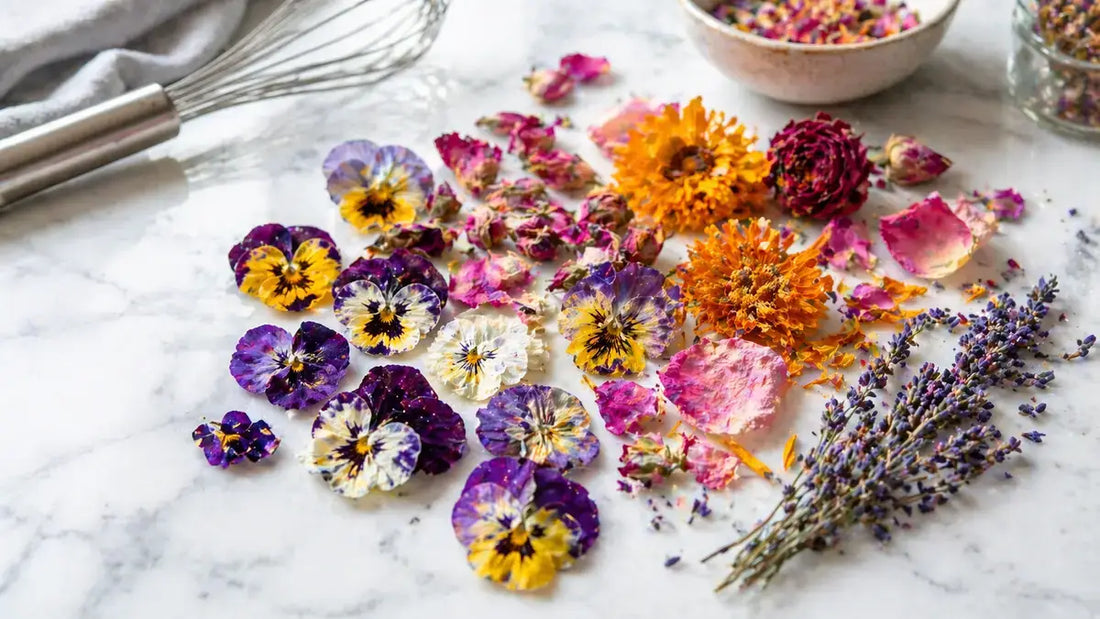 Colorful freeze-dried edible flowers on marble surface for baking