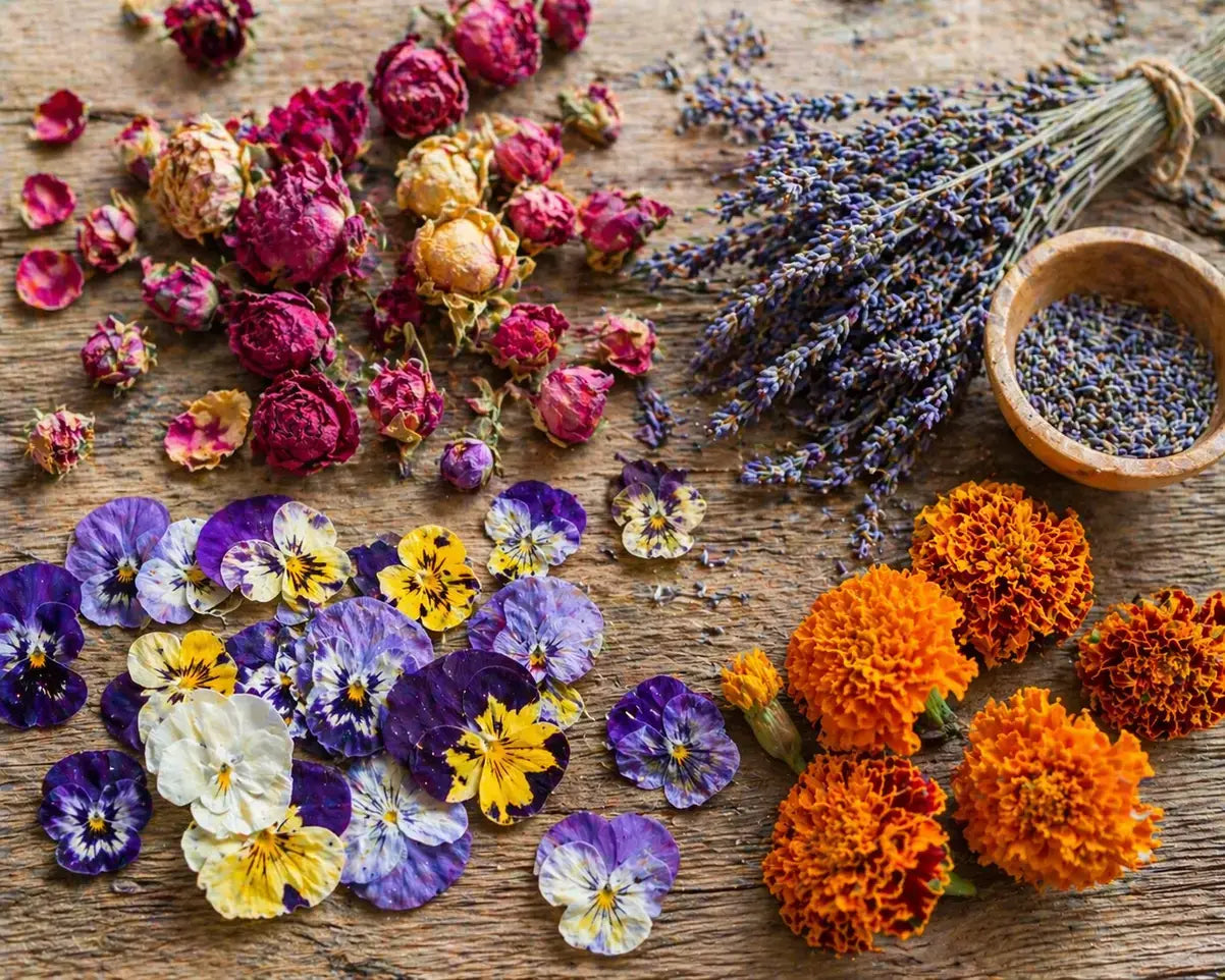 preserved edible flowers arranged on wooden surface showing drying methods 